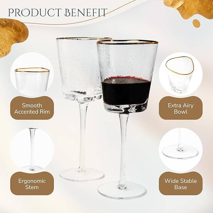 Bec's Designs Gold Rimmed Wine Glasses – Set of 4, 10oz Handblown Hammered Glass, Unique Triangular Shape – Elegant Stemware for Red, White & Champagne