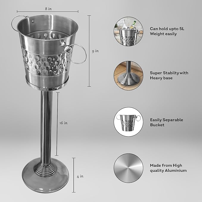 Deep Hammered Brushed Nickel Plated Majestic Wine & Ice Bucket with Steel Bucket Stand | Wine Chiller On Stand Kitchenware Barware | Party Organization Ideas