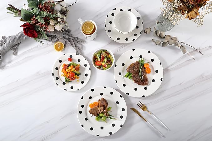 Modern Porcelain 16-Piece Dinnerware Set, Plates and Bowls Set for 4, Black Polka Dot Dinnerware,Dishwasher & Microwave Safe Ceramic Dish Set for Home Dining, Gifts