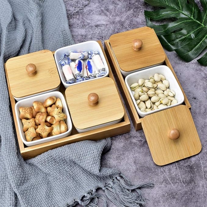 Ceramic Appetizer Serving Plate with Bamboo Tray, Ideal for Fruits, Nuts, Desserts, Modern Design(4 Compartment-9cm)
