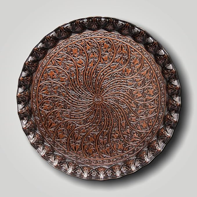 Alisveristime Turkish Ottoman Coffee Tea Serving Tray – 11.8 Inches, Wavy Zamac Tray with Traditional Motifs, Available in Five Color Variations (Copper)
