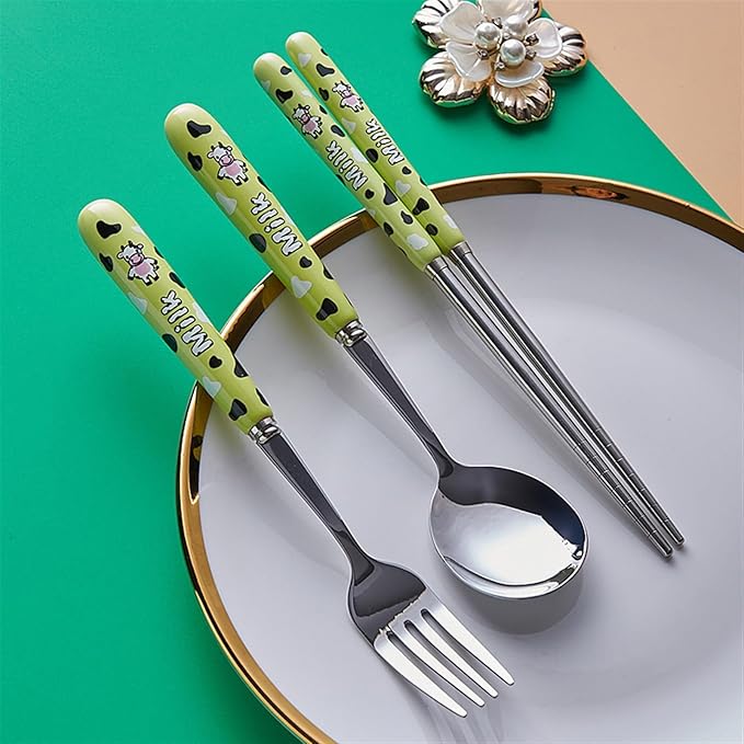 Cute Colorful Silverware Set, Milk Cow Series Ceramic Handle Dinnerware Set Flatware Kitchen Accessories Camping Travel Sets Fork Spoon Chopstick Portable Silverware Set with Case (Color : G