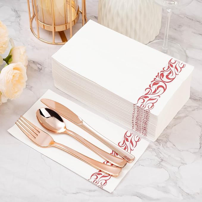 BESTVIP 200 Pack Disposable Paper Napkins,3-Ply Dinner Napkins with Rose Gold Trim for Guests,Bathroom Paper Hand Towels Soft and Absorbent,Perfect for Christmas,Kitchen,Dinner,Party,Wedding or Event