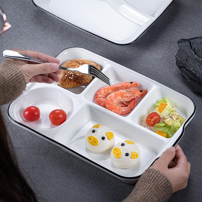 Large White Dinner Plates Ceramic Divided Plate 12 Inch 5 Compartment Porcelain Portion Control Plate for Adults Bariatric Diet - Microwave, Oven, and Dishwasher Safe