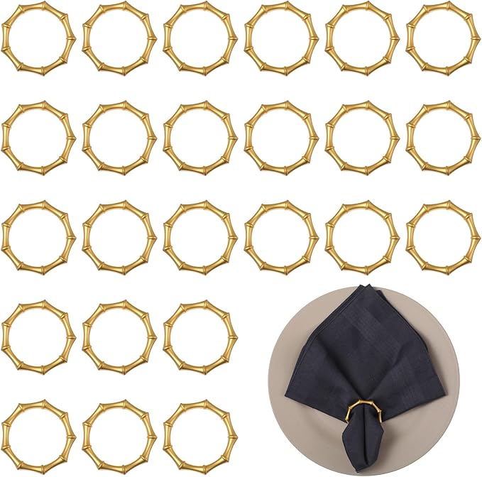 Napkin Rings Set of 24 Bamboo Knuckles Style Gold Napkin Holder Ring for Table Decoration, Wedding, Family Dinner, Party, Christmas, Thanksgiving Day, Birthday