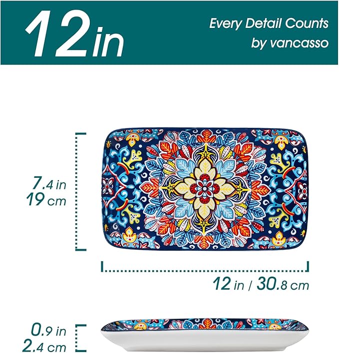 vancasso Serving Platters Set of 4, 12" x 7.4" Inch Rectangular Trays - Large Serving Dishes for Entertaining Food, Bohemian Ceramic Serving Trays for Party, Microwave & Dishwasher Safe, Vintage