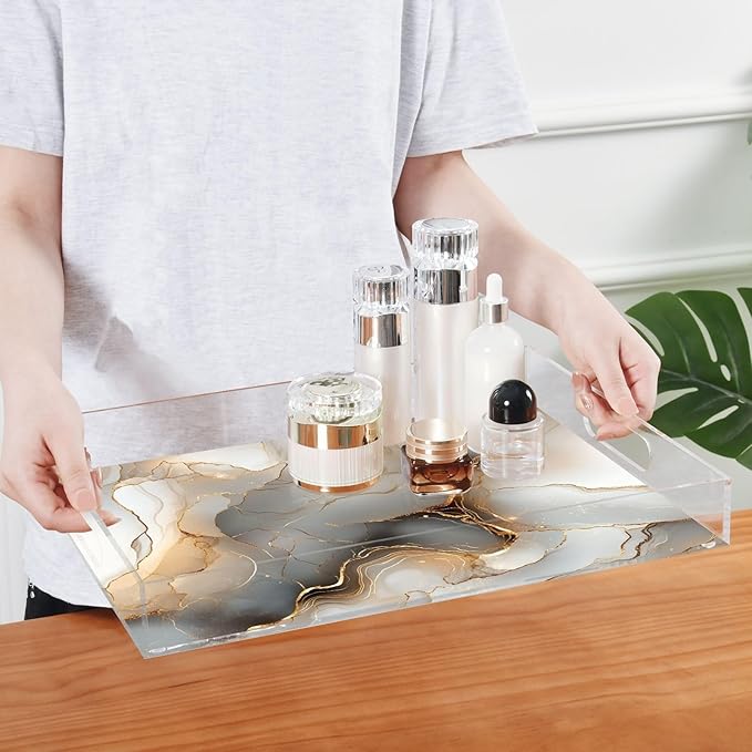 Rectangle Acrylic Tray Marble Gold Silver Acrylic Serving Trays with Handles 12x16 inches Clear Trays for Serving Food Spill-Proof