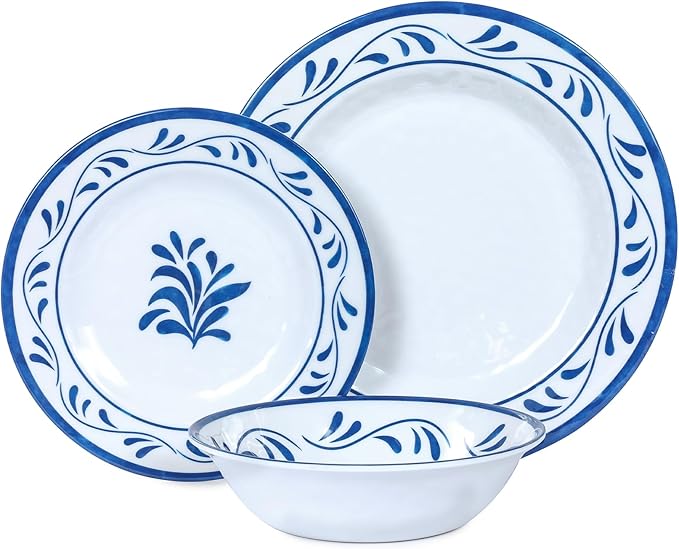Melamine Dinnerware Sets 12 Pcs, Melamine Plates and Bowls,Party Plates and Bowls Sets, Camping Dishes Set for 4, Unbreakable, BPA Free, Dishwasher Safe （Blue water drop flower）