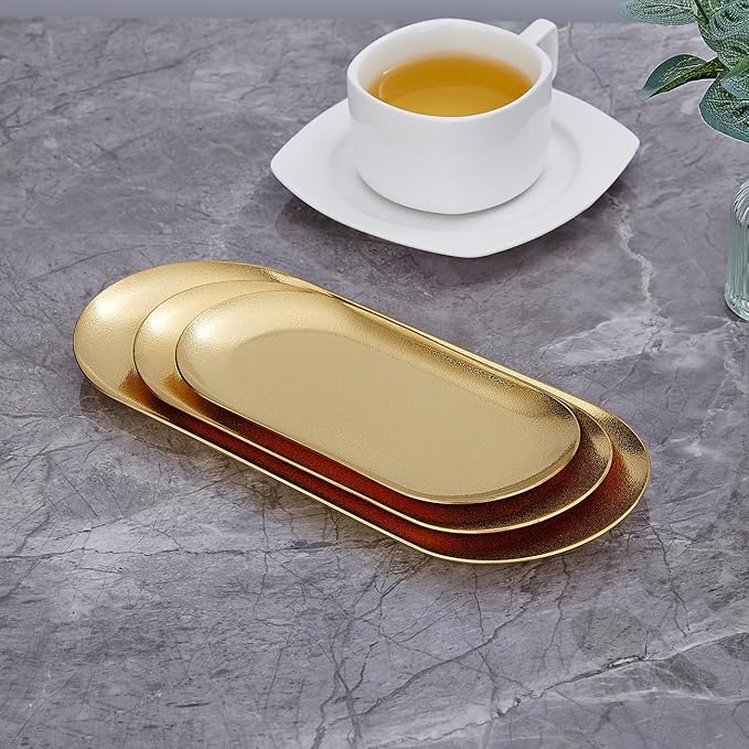SANQIAHOME 7X3 inch ellipse Appetizer Plates,thick stainless steel Dinner Plates, Pasta Dessert Plates for Sushi, Fruit oven/Dishwasher Safe, Set of 4,Gold