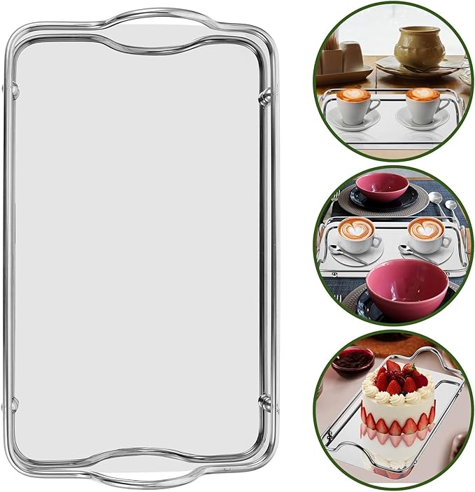 CHILDWEET Stainless Steel Serving Tray with Handles, Small Rectangular Food Tray for Beverage Service, Mirror Finish Silver Platter for Entertaining and Bed Use
