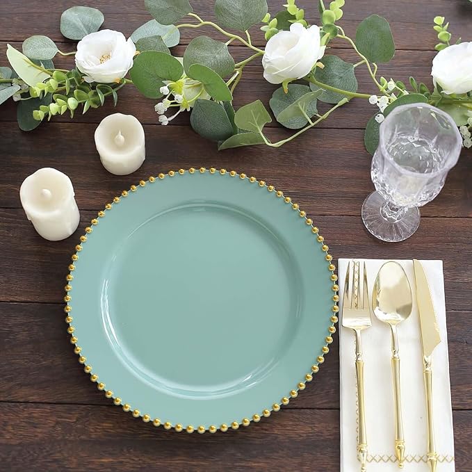 10" Dinner Plates - Set of 20 - Plastic Dusty Sage Green/Gold Round Disposable Plate Beaded Rim, Ideal for Decoration Party Wedding Bulk Events