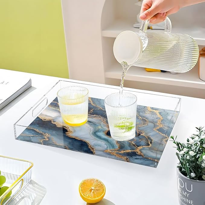 Serving Tray with Handles Clear Acrylic Tray 12x16 Inch Decorative Rectangular Tray Organizer for Ottoman Coffee Table Bathroom Blue Marble and Gold Lines Retro