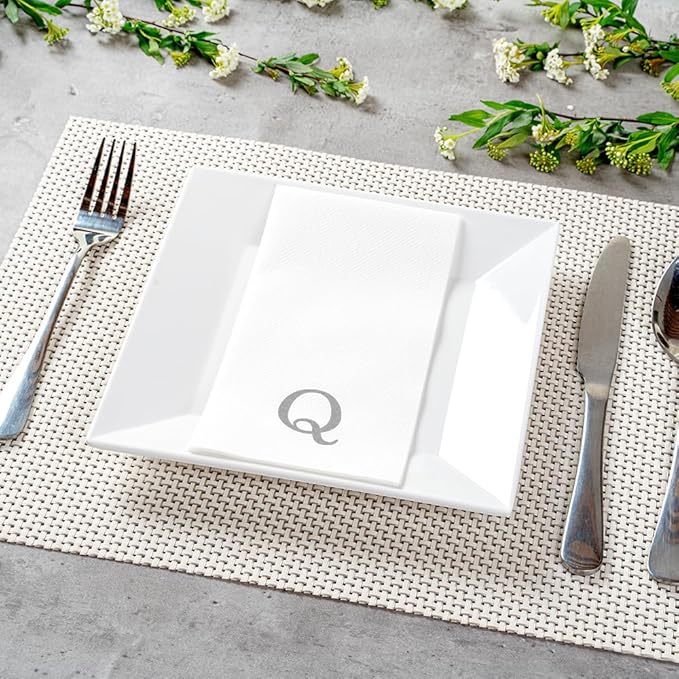 Luxenap 15.8 X 7.9 Inch Linen-Feel Guest Towels, 50 Lettered Hand Towels - Silver Letter 'Q', Sans Serif Font, White Paper Dinner Napkins, airlaid, For Restrooms And Tables - Restaurantware