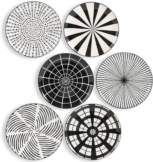 Ceramic Dessert Plates 8 Inch - Salad Appetizer Plate Set of 6 - Modern Japanese Style - Dishwasher and Microwave Safe - Black and White