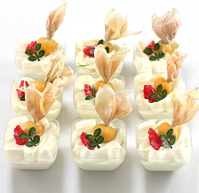 Zezzxu 100 Pack 2 oz Mini Dessert Cups with Spoons, Clear Plastic Reusable Small Square Party Serving Tiny Bowls for Individual Appetizers, Trifle, Cheesecake, Hors D'oeuvres