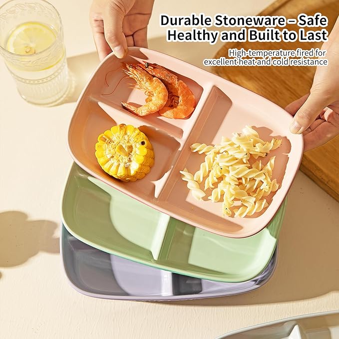Portion Control Plate for Weight Loss, Ceramic Divided Plates with 3 Compartments for Adults and Kids, Dishwasher and Microwave Safe (Purple)