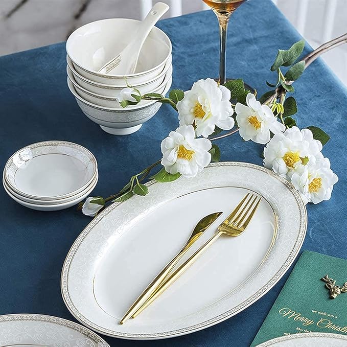 White Round Porcelain Dinnerware Set, Dishes/Plate/Bowl Set, Fine Bone China Dinnerware Sets Clearance, Collection Ceramic Kitchen And Dining Sets For Home,B56 Pcs Service For 10,A56 Pcs Service for