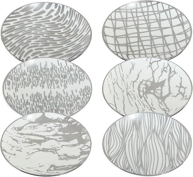 Certified International Matrix Silver Plated 6" Luncheion/Canape Plates Set of 6 Assorted Designs