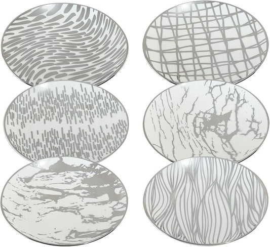 Certified International Matrix Silver Plated 6" Luncheion/Canape Plates Set of 6 Assorted Designs