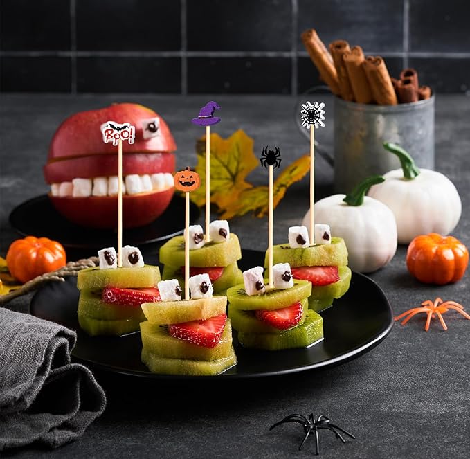 100pcs 5" Halloween Cocktail Picks Ghost Pumpkin Spider Boo Bat Theme Decor Toothpicks Skewers Sticks Sandwich Appetizer Charcuterie Board Accessories Food Garnish, Halloween Themed Party Decorations
