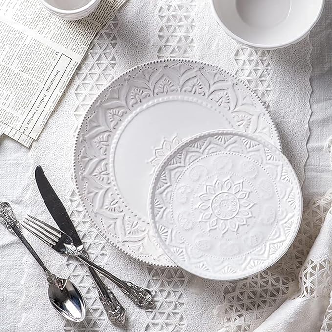 ☆Ceramic Dinnerware Set, 14 PCS Plates Set, Dishes Set, White Underglaze Dinner Sets - Retro Embossed Dinner Plate Soup Plate with Floral Pattern for Family Party, Service for 4,White, size