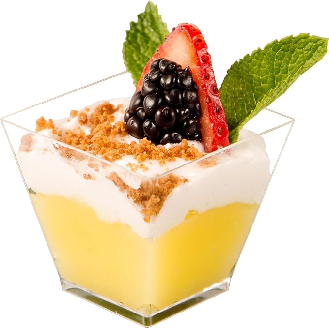 DLux 100 x 2oz Square Mini Dessert Cups (No spoons), Clear Plastic Parfait Appetizer Cup - Small Reusable Serving Bowl for Tasting Party Desserts Appetizers - With Recipe Ebook