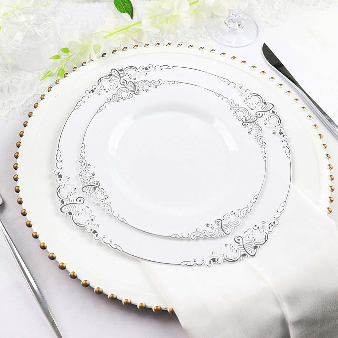 8" Salad Plates -Set of 30 - Plastic White Silver Round Baroque Disposable Chargers Leaf Embossed Rim, Ideal for Dinner Party Wedding Bulk Events