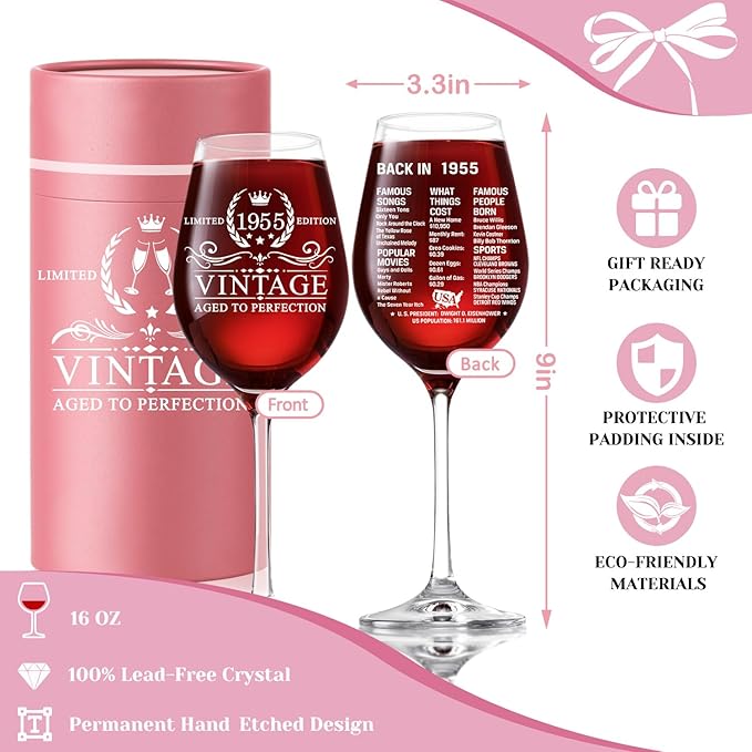 Meaningful 70th Birthday Gifts for Women 70th Birthday Decorations for Women Gifts for 70 Year Old Woman Back in 1955 Old Time Information 1955 Vintage 18 oz Stemmed Wine Glass