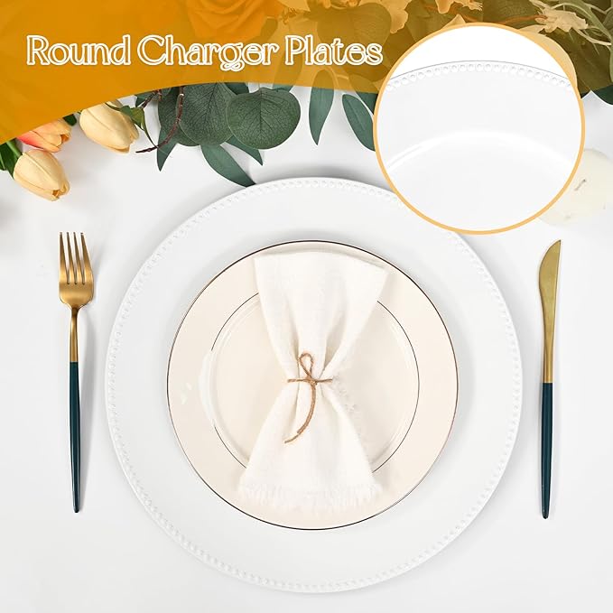 fani 100 Pcs White Charger Plates Bulk, 13'' Round Beaded Dinner Charger Plates, Plastic Reusable Vintage Table Decoration for Wedding, Party, Reception, Event, Holiday Supplies