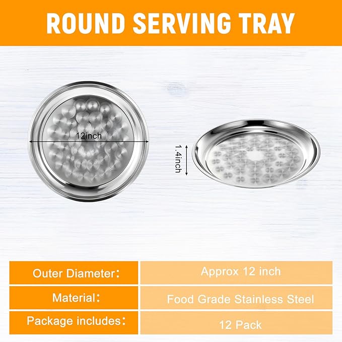 12 Pack Stainless Steel Round Serving Tray with Swirl Pattern Bulk Large Round Tray Silver Metal Display Serving Platter for Coffee Party Club Home (12 Inch)