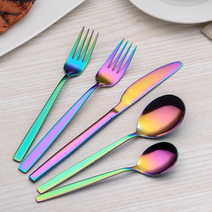 Berglander Rainbow Silverware Set 20 Pieces Service for 4, Colorful Titanium Plating Stainless Steel Flatware Sets, First Apartment Must Have Cutlery Utensils Set, Dishwasher Safe