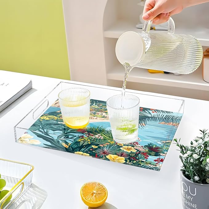 Serving Tray with Handles Clear Acrylic Tray 12x16 Inch Decorative Rectangular Tray Organizer for Ottoman Coffee Table Bathroom Coastline Hibiscus