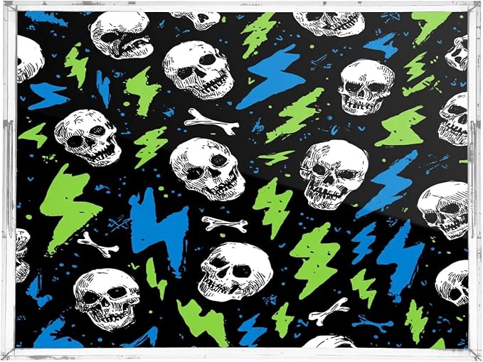 Serving Tray with Handles Clear Acrylic Tray 12x16 Inch Decorative Rectangular Tray Organizer for Ottoman Coffee Table Bathroom Skull Lightning Colorful