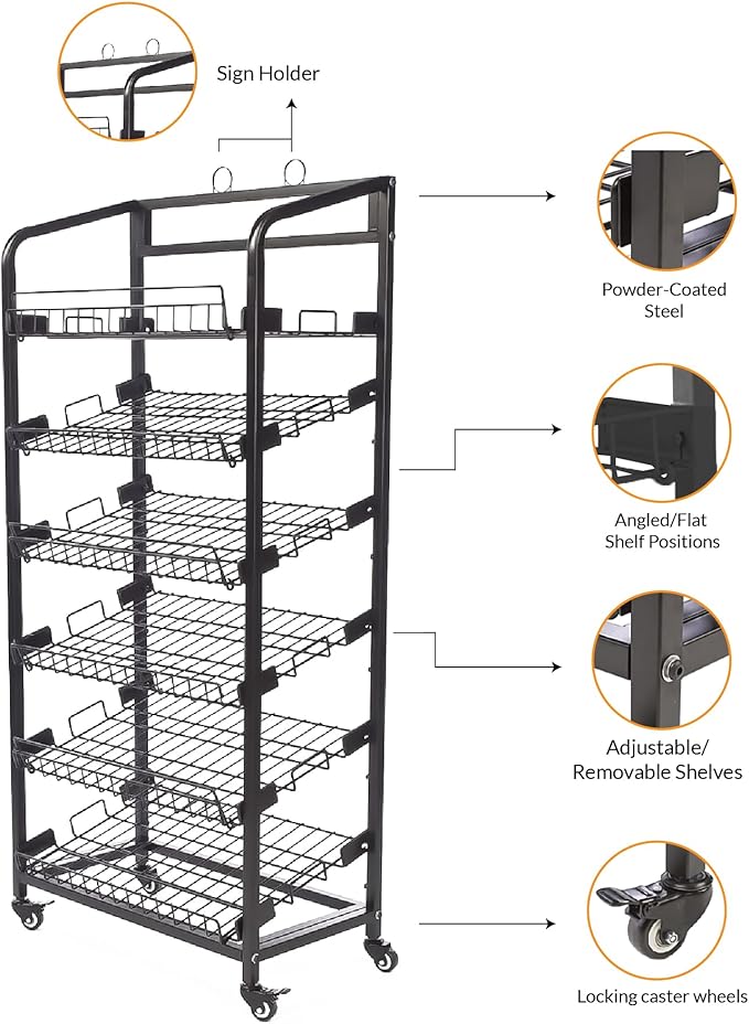6-Tier Metal Bakery Display Rack with Wheels & Sign Holder – 29″W x 18″D x 65″H Adjustable Wire Shelves – Powder-Coated Rolling Stand for Store, Café, Farmers Market – Easy Assembly