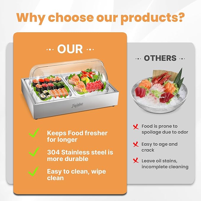 Ice Food Serving Display Tray, Cold Serving Plate with Clear Roll Top, 5QT Stainless Steel Food Serving Tray, Cooling Food Dishes Display Plate for Home, Buffet, Restaurant, Party