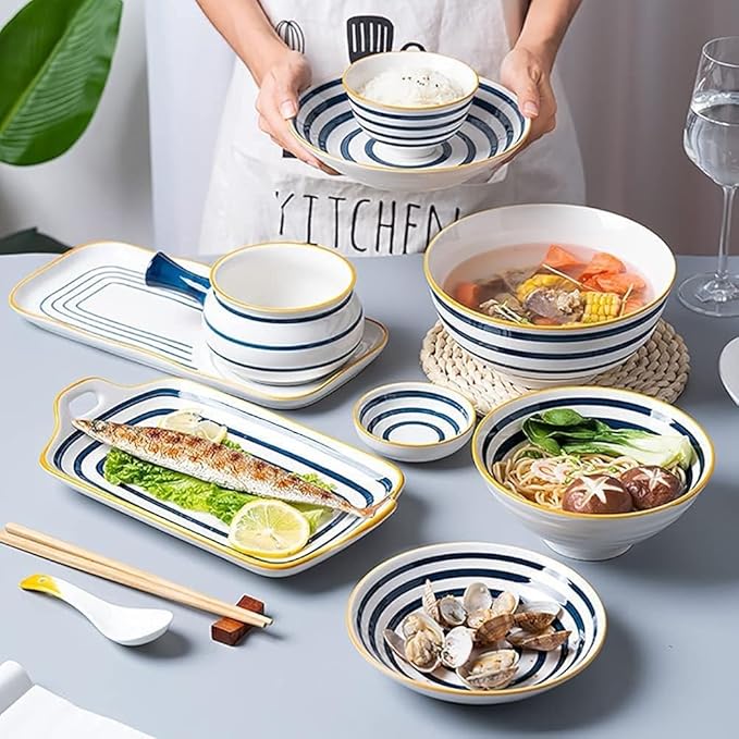 ☆Ceramic Dinnerware Sets, Plates Set, Dishes Set, Japanese Premium Hand Pained Fine Porcelain of 24 PCS-Bowls and Plates Set with Ring Pattern, Service for 6,White, size
