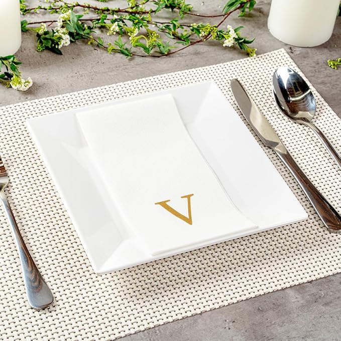 Luxenap 15.8 X 7.9 Inch Linen-Feel Guest Towels, 2000 Lettered Hand Towels - Gold Letter 'V', Sans Serif Font, White Paper Dinner Napkins, airlaid, For Restrooms And Tables