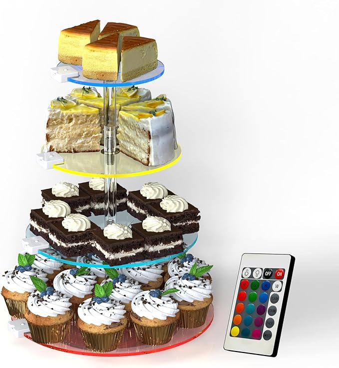 4-Tier Rotating Cupcake Stand with LED Lights - 360° Spinning Display Tower for Desserts, Cakes & Pastries - Rechargeable 7-Color Changing Serving Tray for Weddings, Parties & Festive Gatherings (Round Clear Acrylic)