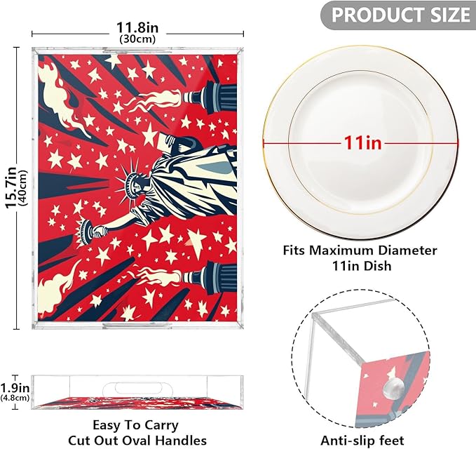 Serving Tray with Handles Clear Acrylic Tray 12x16 Inch Decorative Rectangular Tray Organizer for Ottoman Coffee Table Bathroom July 4th Statue of Liberty Red