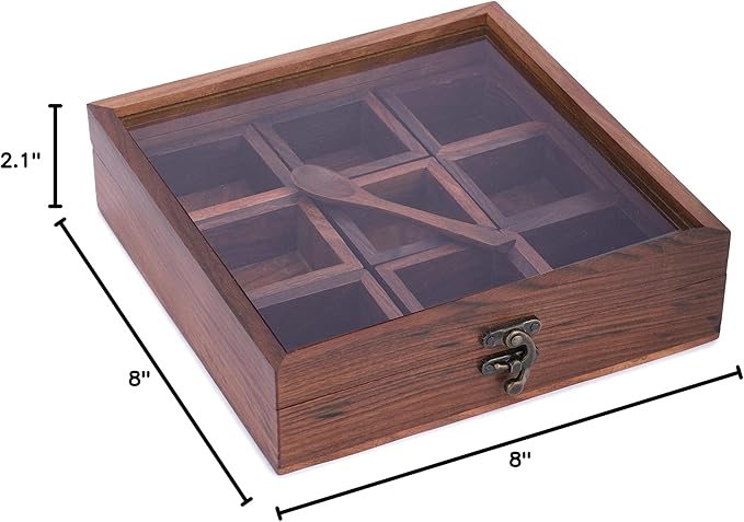 Ajuny Wooden Spice Box 8x8 Inch - Decorative Masala Dabba Organizer with Glass Lid, 9 Fixed Compartments & Spoon, Spice Storage Container, Ideal for Seasonings & Herbs, Perfect for Gift