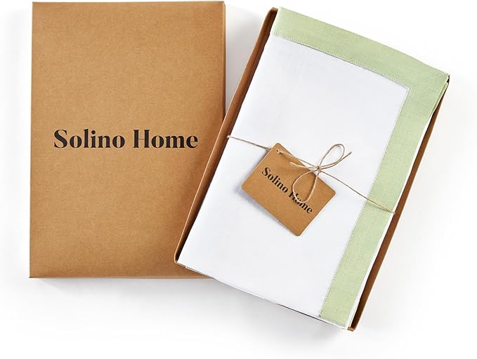 Solino Home Linen Cloth Napkins Set of 4-100% Pure Linen Sage Green and White Dinner Napkins 20 x 20 Inch for Winter, Christmas - Classic, Handcrafted and Machine Washable