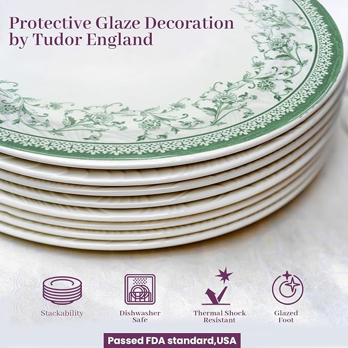 Tudor Royal 12-Piece Round Porcelain Dinnerware Set, Service for 4 - Aster Green Design, Multicolor Floral, Plates Bowls Mugs Dishes, Premium Quality Tableware, Unique Pattern, Glossy