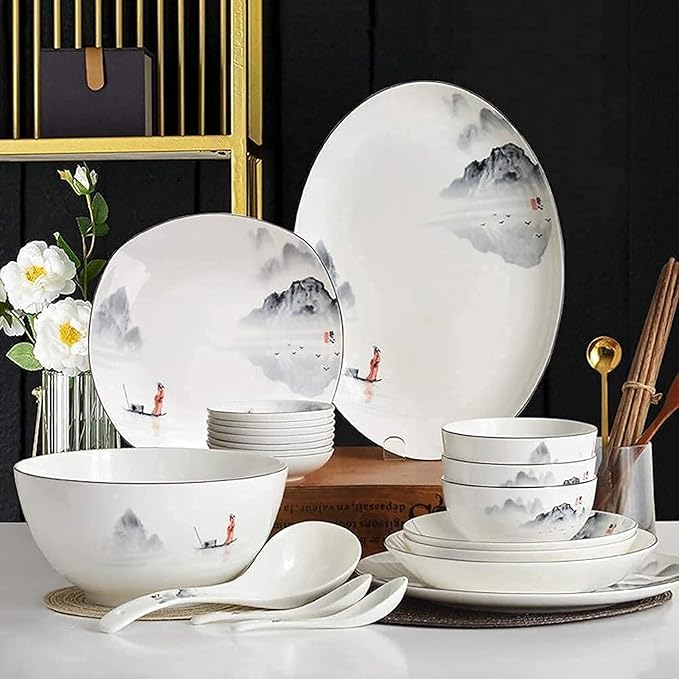 ☆Dinnerware Sets for 4/6/12,Black and White Plates Bowls Set,Chinese Dinner Set,Dish Set/Tableware Ancient Ink Painting Design-For Home,Kitchen Dinning,35 Pieces, size