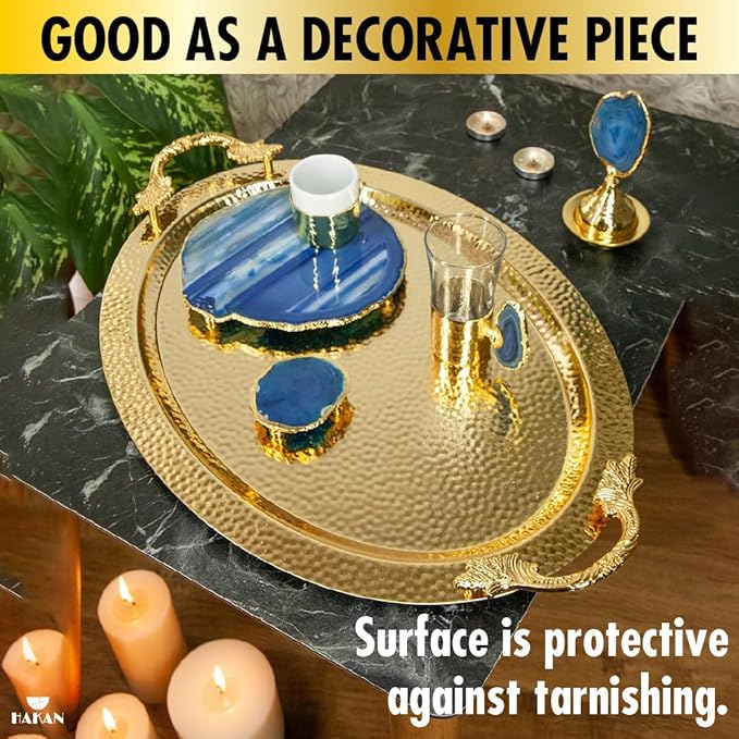 Ornamental Big Oval Gold Serving Tray with Leaf Handles, Anti Tarnish Serving Tray, Hammered Design Service Tray, Large, 19.6" x 13", Gold, Silver (Gold)