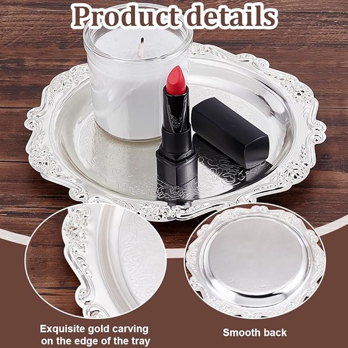 PH PandaHall 7.8" Silver Tray Jewellery Display Tray Serving Tray Decorative Round Platter Vintage Style Candle Tray Dispenser for Wedding Party Home Kitchen Centerpiece Display Perfume Organizer