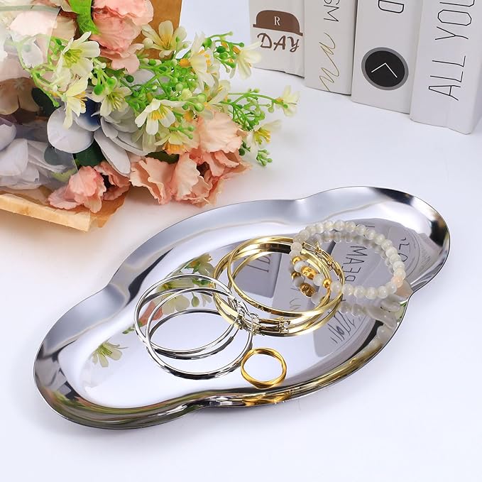 2Pcs Stainless Steel Jewelry Tray, 9in Cute Cloud Bathroom Decorative Tray Trinket Dish, Ring Dish Vanity Tray for Perfume Key Candle Aesthetic Room Decor (Silver)
