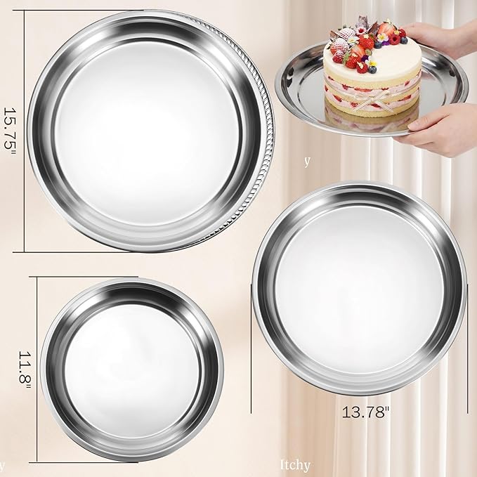 3 Pack Stainless Steel Large Silver Serving Trays Round Serving Platters 15.75" 13.78" 11.8" Metal Tray Set Mirror Tray for Party Kitchen Charcuterie(Smooth Style)