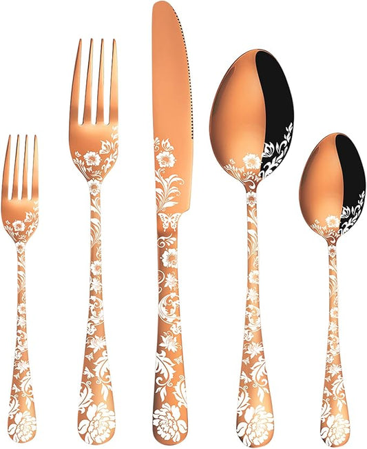 Vilihkc 20 piece Peony Flower Pattern Design Silverware Set, Stainless Steel Flatware Set Service for 4, Rose Gold Cutlery Set, Mirror Polished Utensil Set for Kitchen, Dishwasher Safe