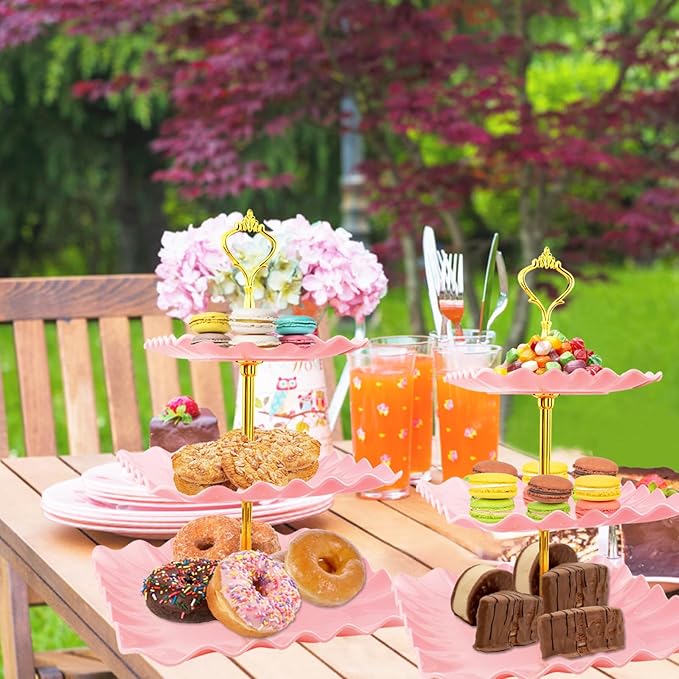 5 Pcs Dessert Table Display Set, Pink Cupcake Stand Set with 2xSquare 3-Tier Cake Stands Holder + 3X Appetizer Trays Suitable for Birthday Wedding Tea Party Baby Shower (Wave Square)