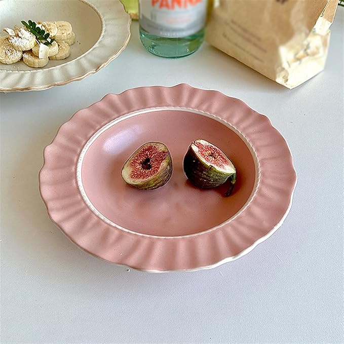 Plates Ceramic Lace Dining Plate Home Dinner Deep Plate Restaurant Cafe Dessert Plate Salad Disc Solid Color Flat Plate Simple Ceramic Disc Side Plate(Pink), ZCL2024